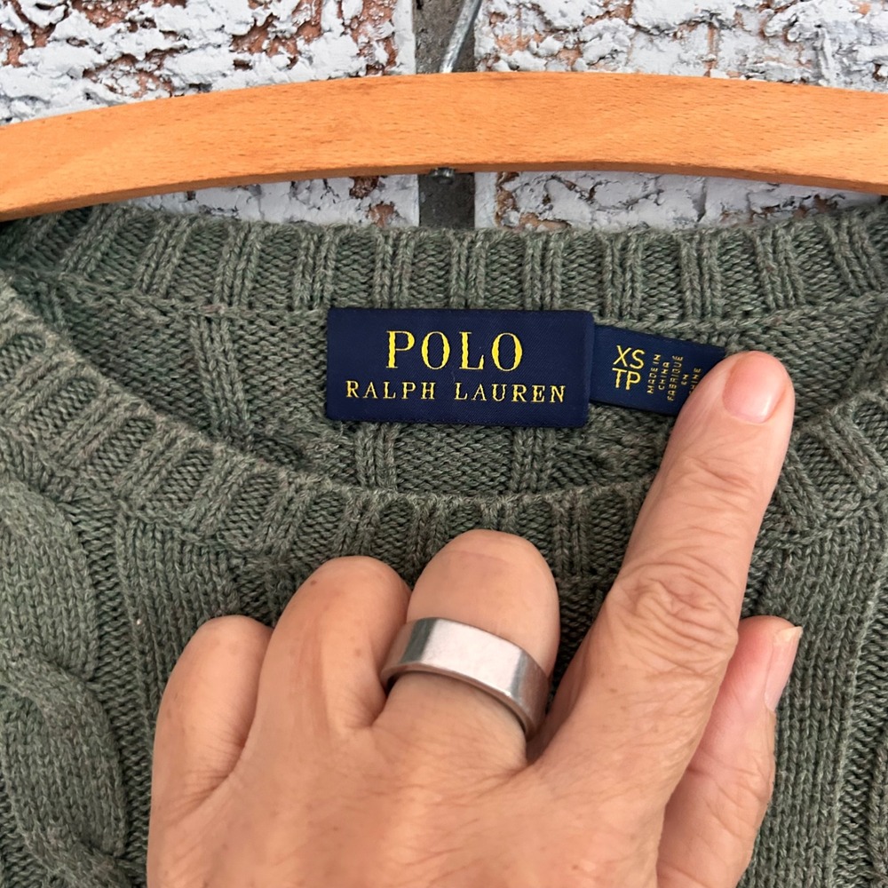Polo Ralph Lauren Cable Knit Sweater Olive Green Cotton Crew Neck XS TP - Picture 6 of 6